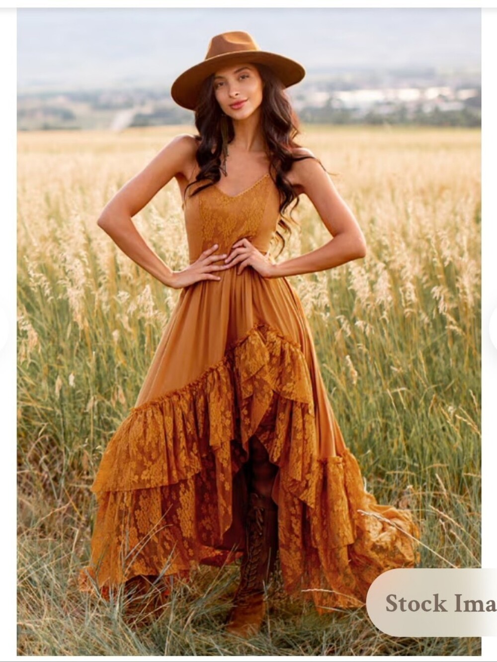 Joyfolie Mustard Lace High-Low Maxi Dress